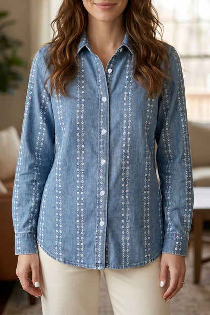 Floral Print Button-Down Denim Shirt