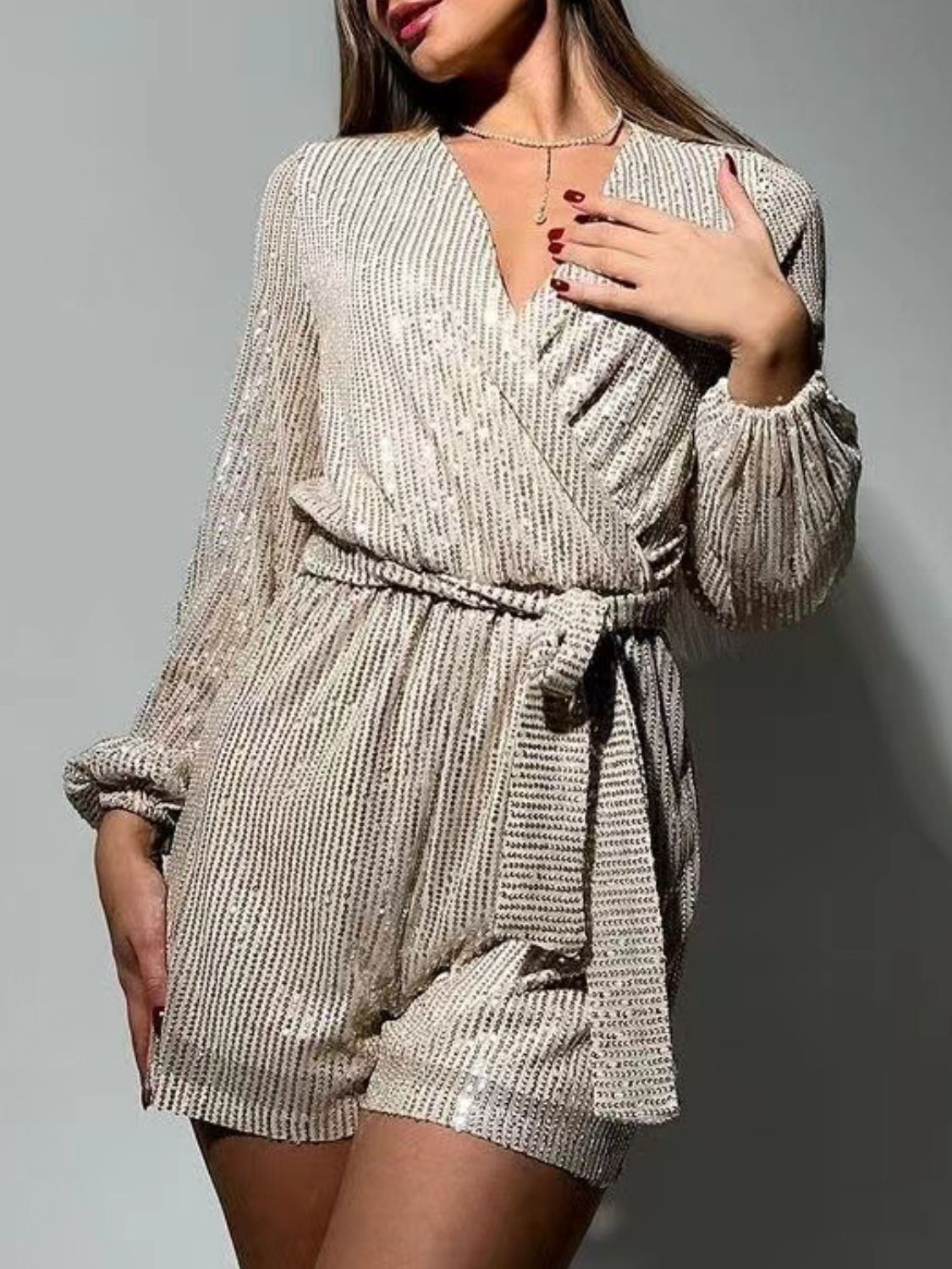 Sequin Surplice Tie Waist Long Sleeve Romper