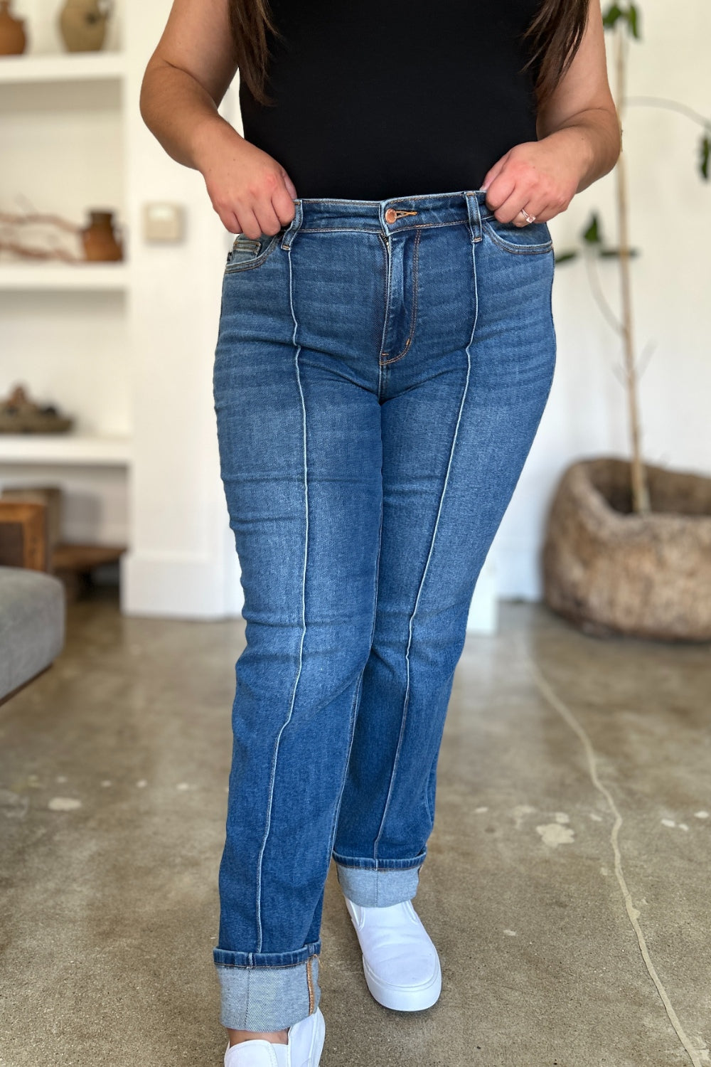 High Waist Front Seam Detail Straight Jeans