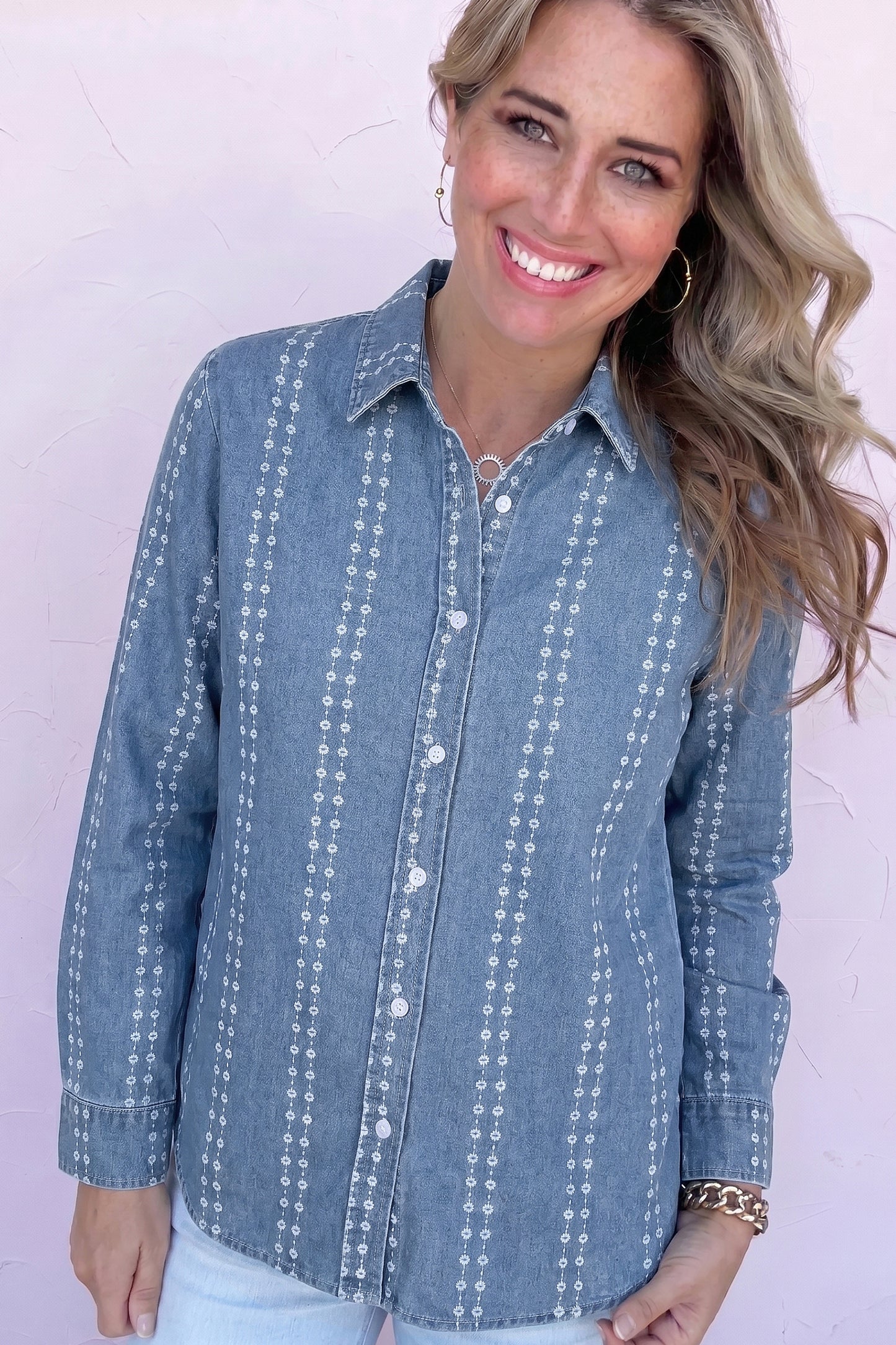 Floral Print Button-Down Denim Shirt