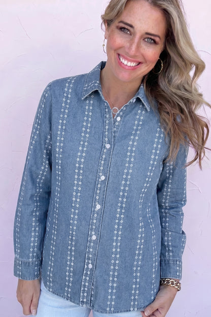 Floral Print Button-Down Denim Shirt