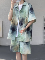 Men's Tie-Dye Print Shirt and Shorts Set