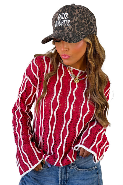 Pink Wavy Detail Hollow Out Knit Long Sleeve Cotton Pullover Sweater