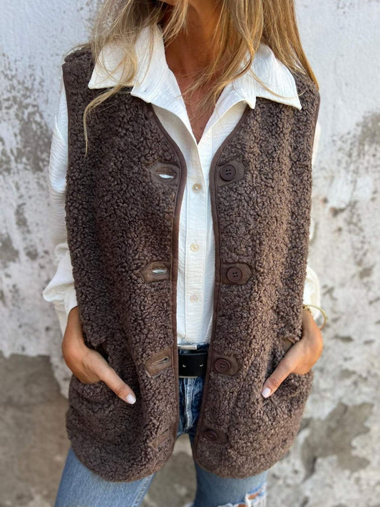 Pocketed Button Up V-Neck Sherpa Vest