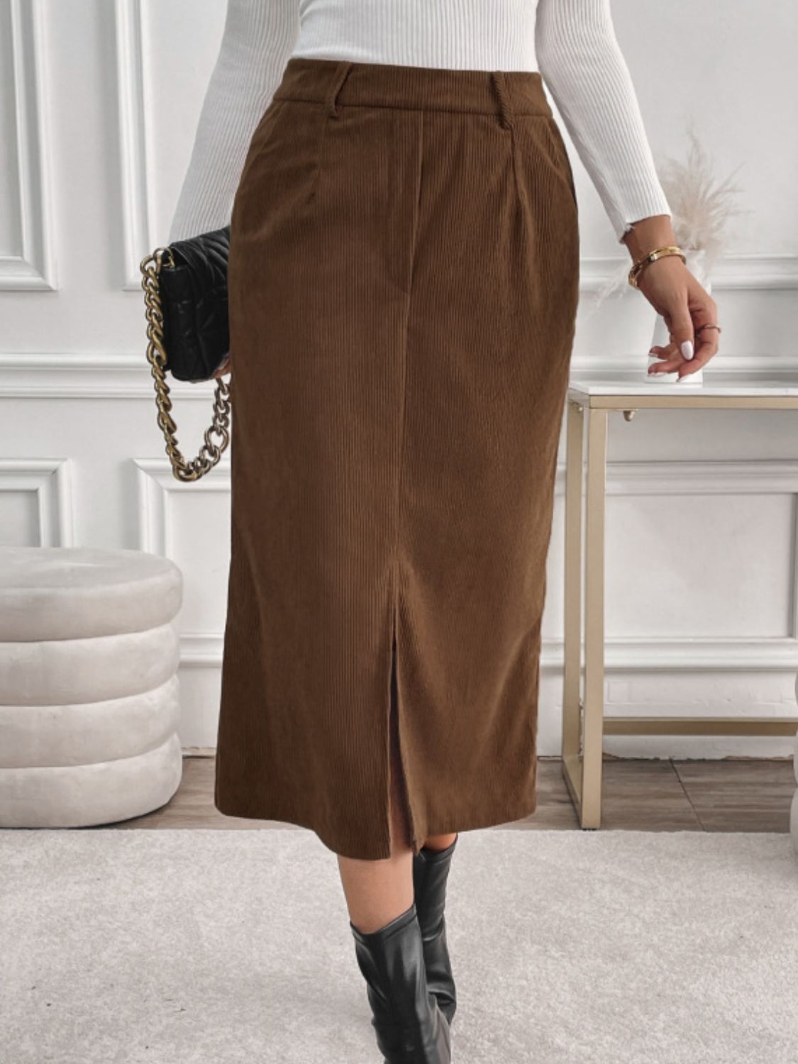 Slit Midi Skirt with Pockets