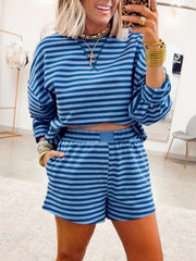 Drop Shoulder Pullover Elastic Waist Short Set