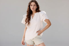 Eyelet Notched Short Sleeve Blouse
