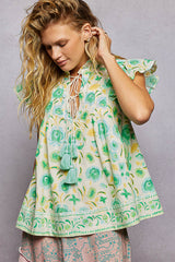 Tassel Tied Floral Flutter Sleeve Blouse