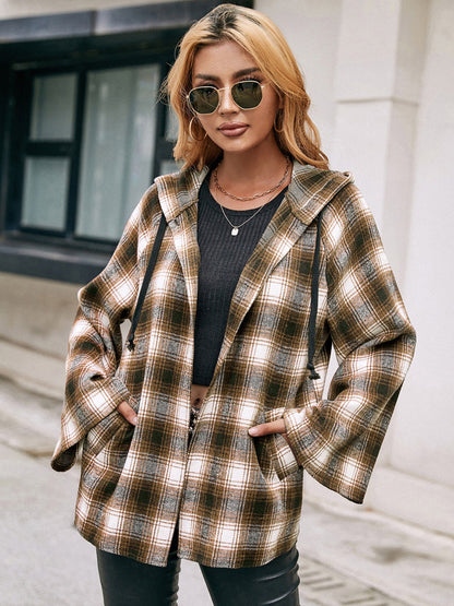 Women's Ivy Lane Pocketed Plaid Long Sleeve Hooded Jacket