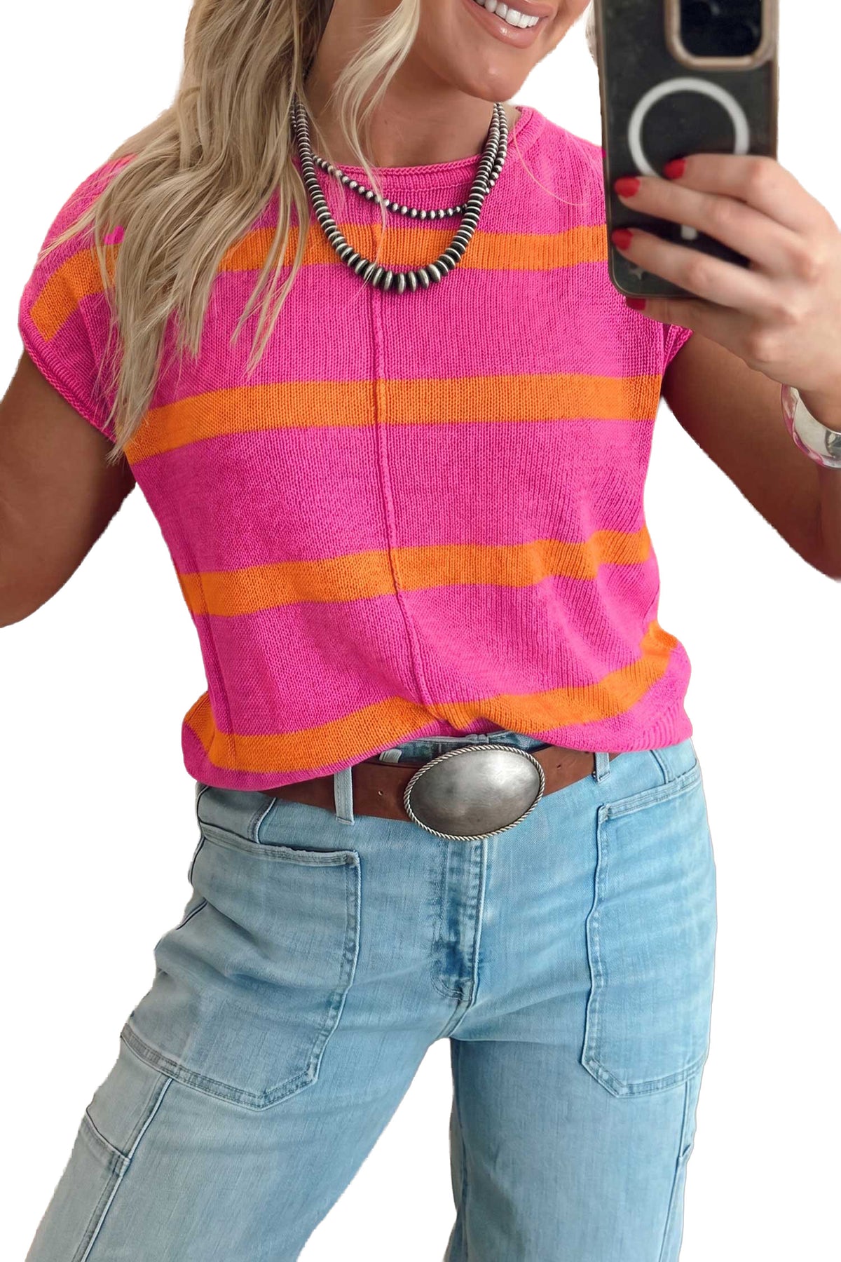 Rose Stripe Knit Western Short Sleeve Sweater