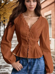 Rayon Blend Lace Detail Balloon Sleeve Blouse