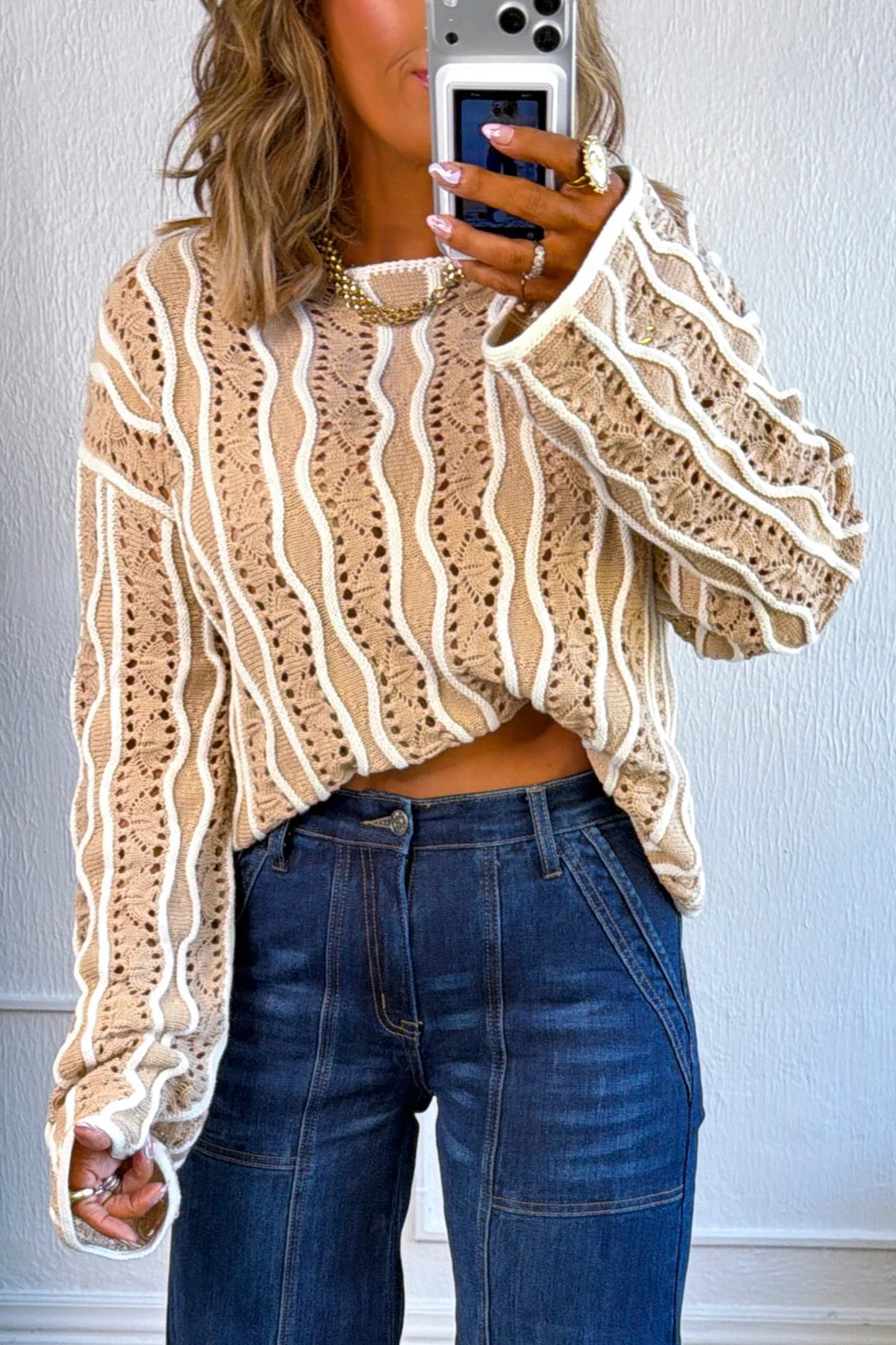 Pink Wavy Detail Hollow Out Knit Long Sleeve Cotton Pullover Sweater