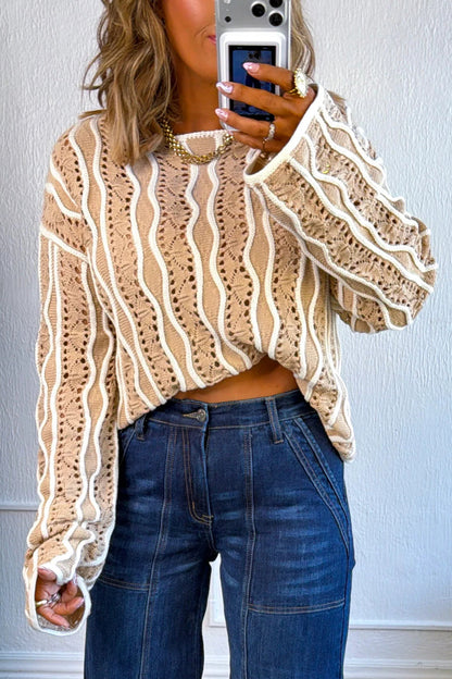 Pink Wavy Detail Hollow Out Knit Long Sleeve Cotton Pullover Sweater