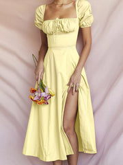 Puff Sleeve Tie Front Slit Midi Dress