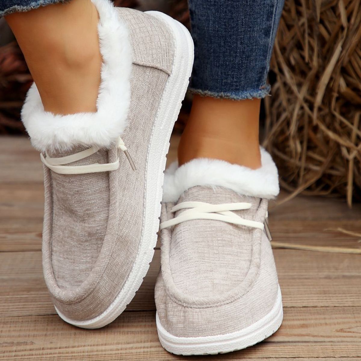 Women's Lace Up Round Toe Furry Sneakers