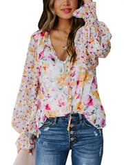 Floral Print Smocked Cuff Blouse