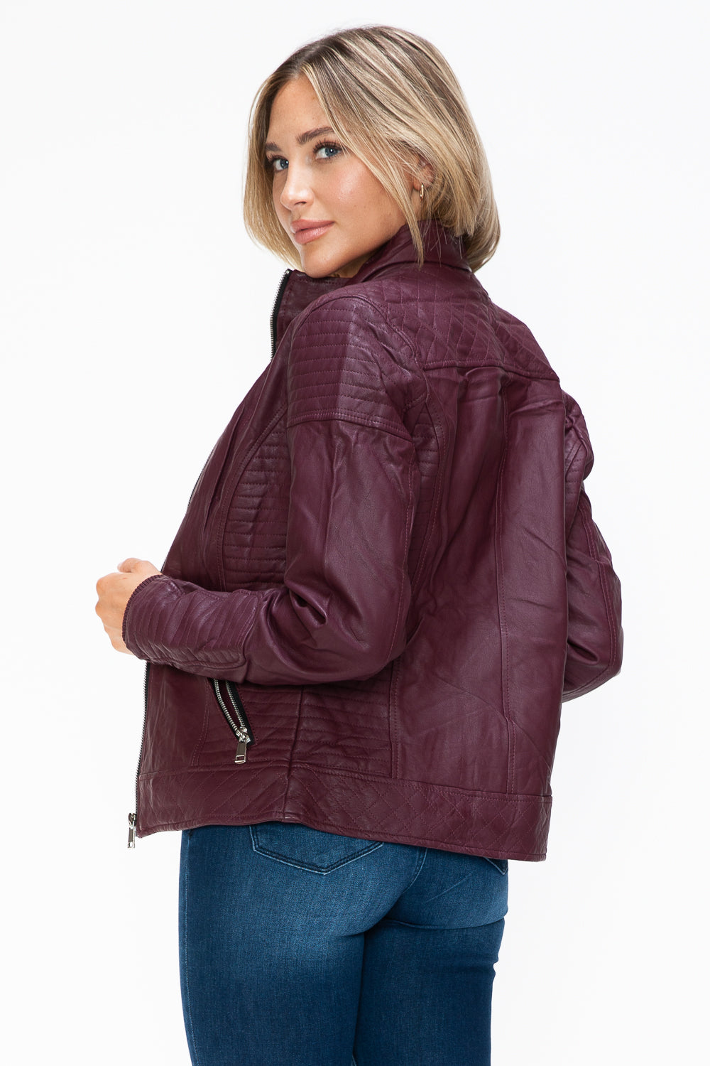 Women's Faux Layered Double-Zipper Jacket with Fuzzy Hood