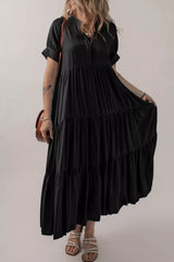 Short Sleeve Ruffle Tiered Long Flared Dress