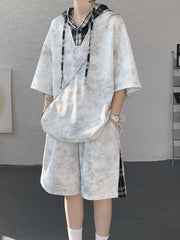 Men's Tie-Dye Plaid Patchwork Hoodie and Shorts Set