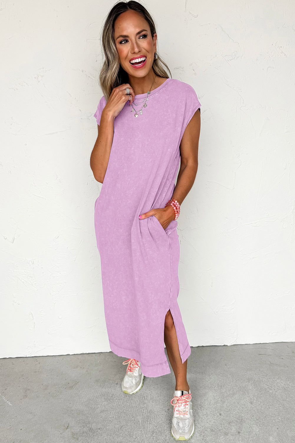 Mineral Wash Pocketed T-shirt Dress