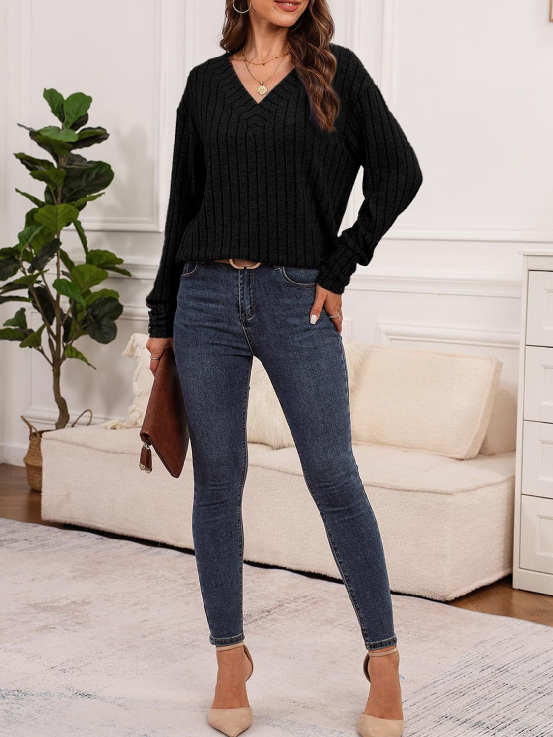 Ribbed V-Neck Long Sleeve Top