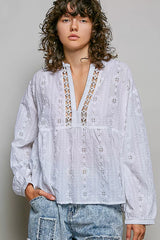 POL Lace Eyelet Long Sleeve Cotton Blouse