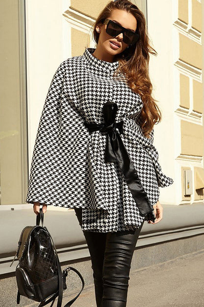 Women's Houndstooth Tie Waist Trench Coat