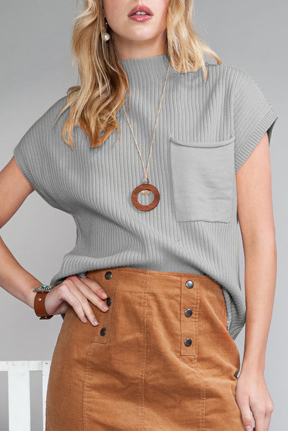 Patch Pocket Ribbed Knit Short Sleeve Sweater