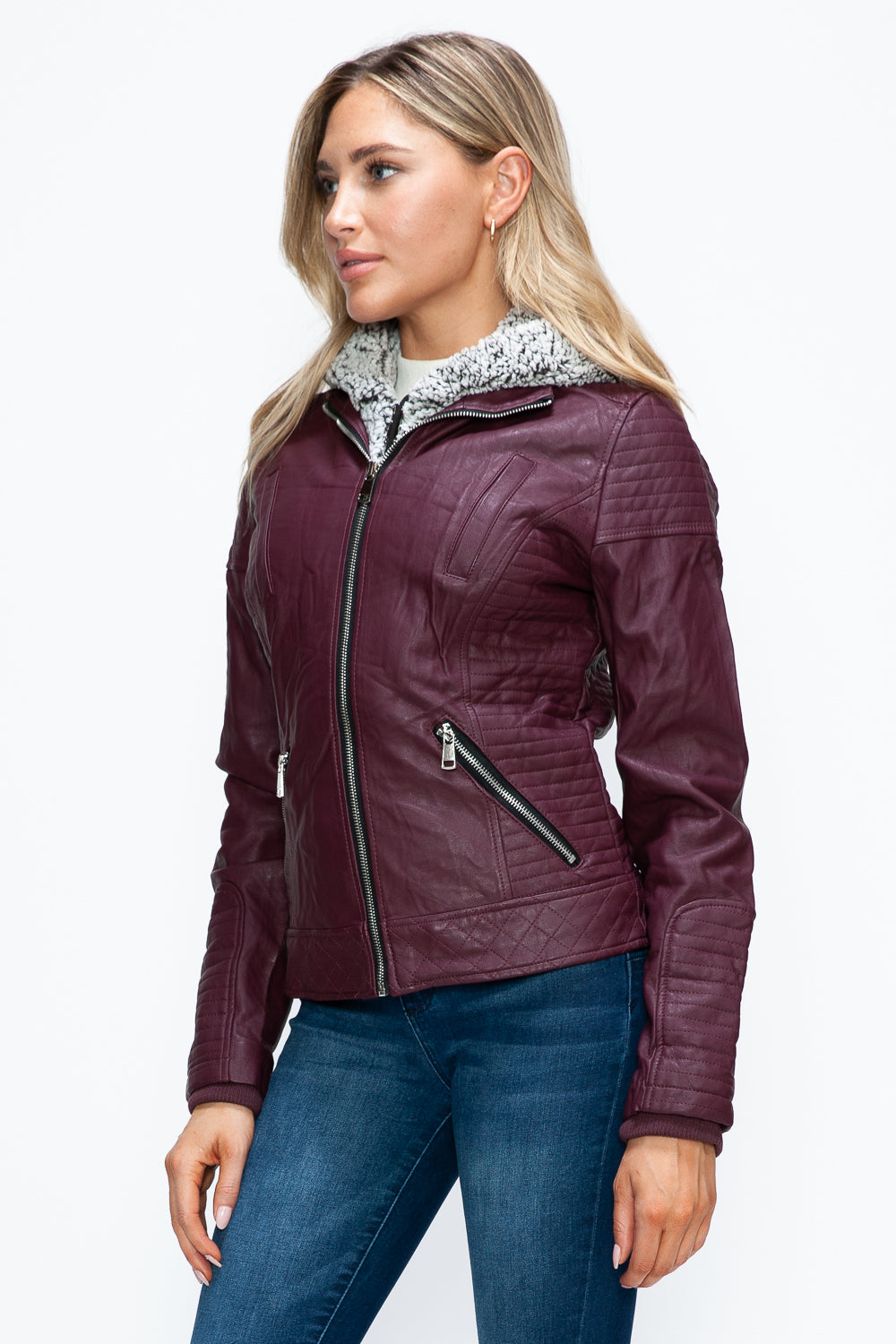 Women's Faux Layered Double-Zipper Jacket with Fuzzy Hood