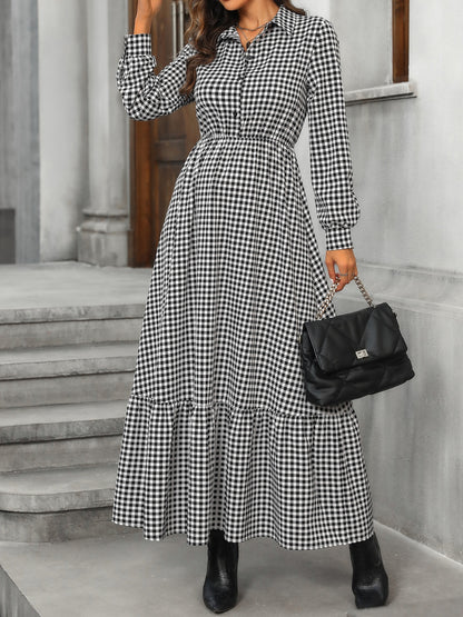 Honey Ruffle Hem Plaid Long Sleeve Dress