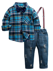 Children's Plaid Shirt & Distressed Jeans with Suspenders Set