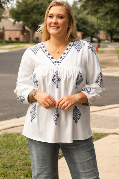 White Boho Geometric Print V Neck Bracelet Sleeve Plus Size Blouse