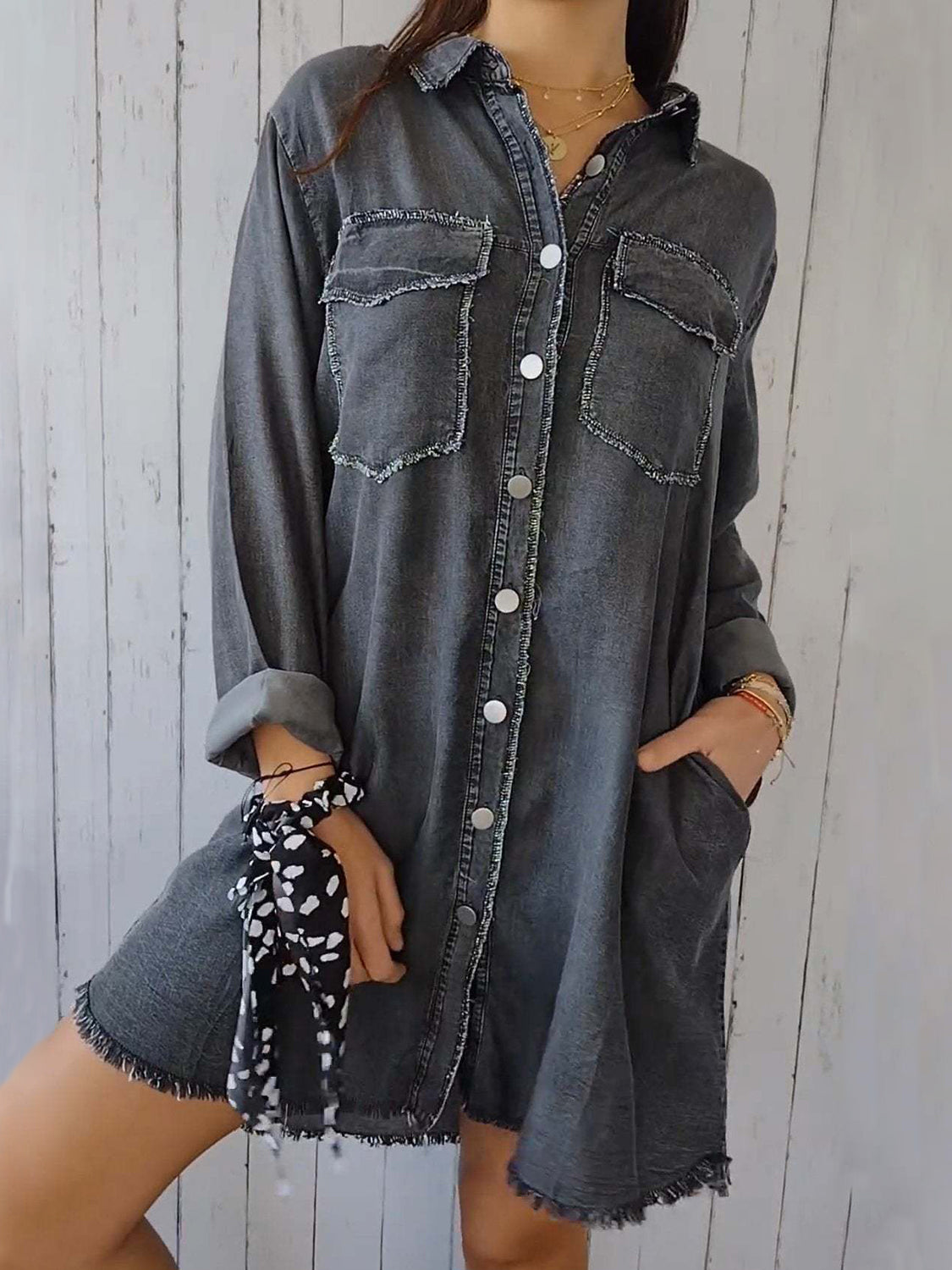 Full Size Raw Hem Button Up Long Sleeve Denim Top