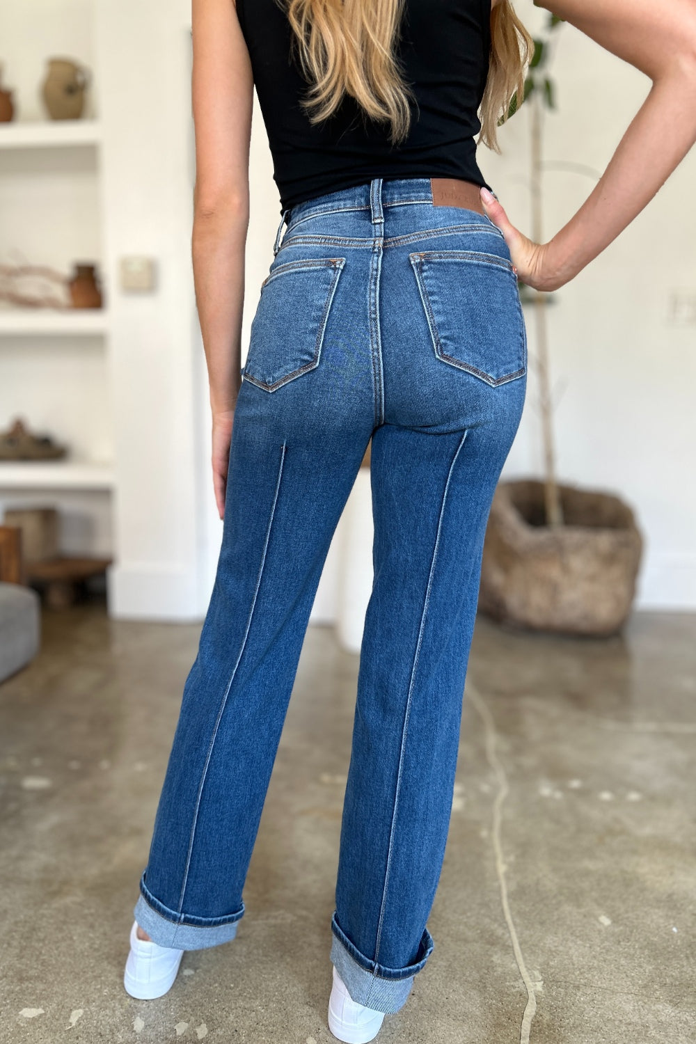 High Waist Front Seam Detail Straight Jeans