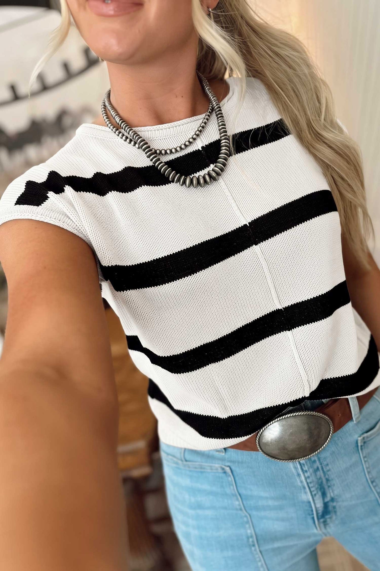 Rose Stripe Knit Western Short Sleeve Sweater