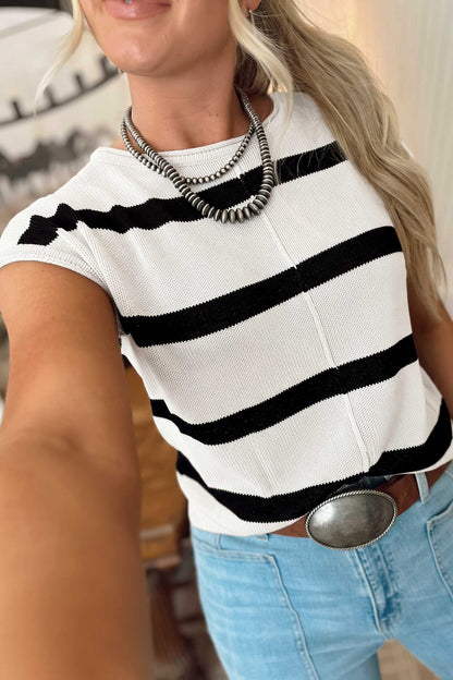Rose Stripe Knit Western Short Sleeve Sweater