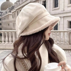 Plush Trim Wool Baker Boy Hat