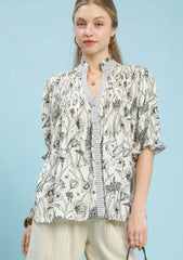 Mixed Print Button Front Top