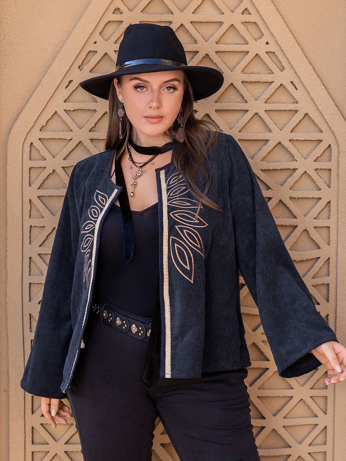 Women's Plus Size Embroidered Open Front Jacket