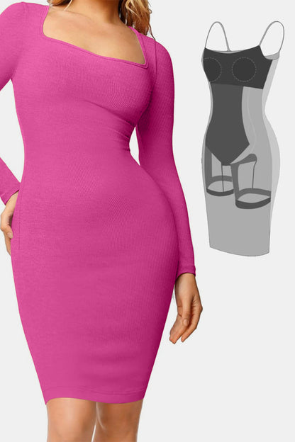 Built-In Shapewear Square Neck Long Sleeve Dress