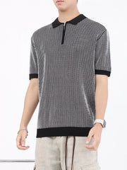 Men's Striped Knitted Zip-Up Polo