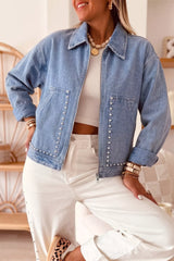 Studded Metal Zipper Rivet Pockets Denim Jacket