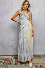 Deep V Sleeveless Bohemian Tiered Maxi Dress