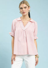 Pinstripe V-Neck Ruffle Sleeve Blouse