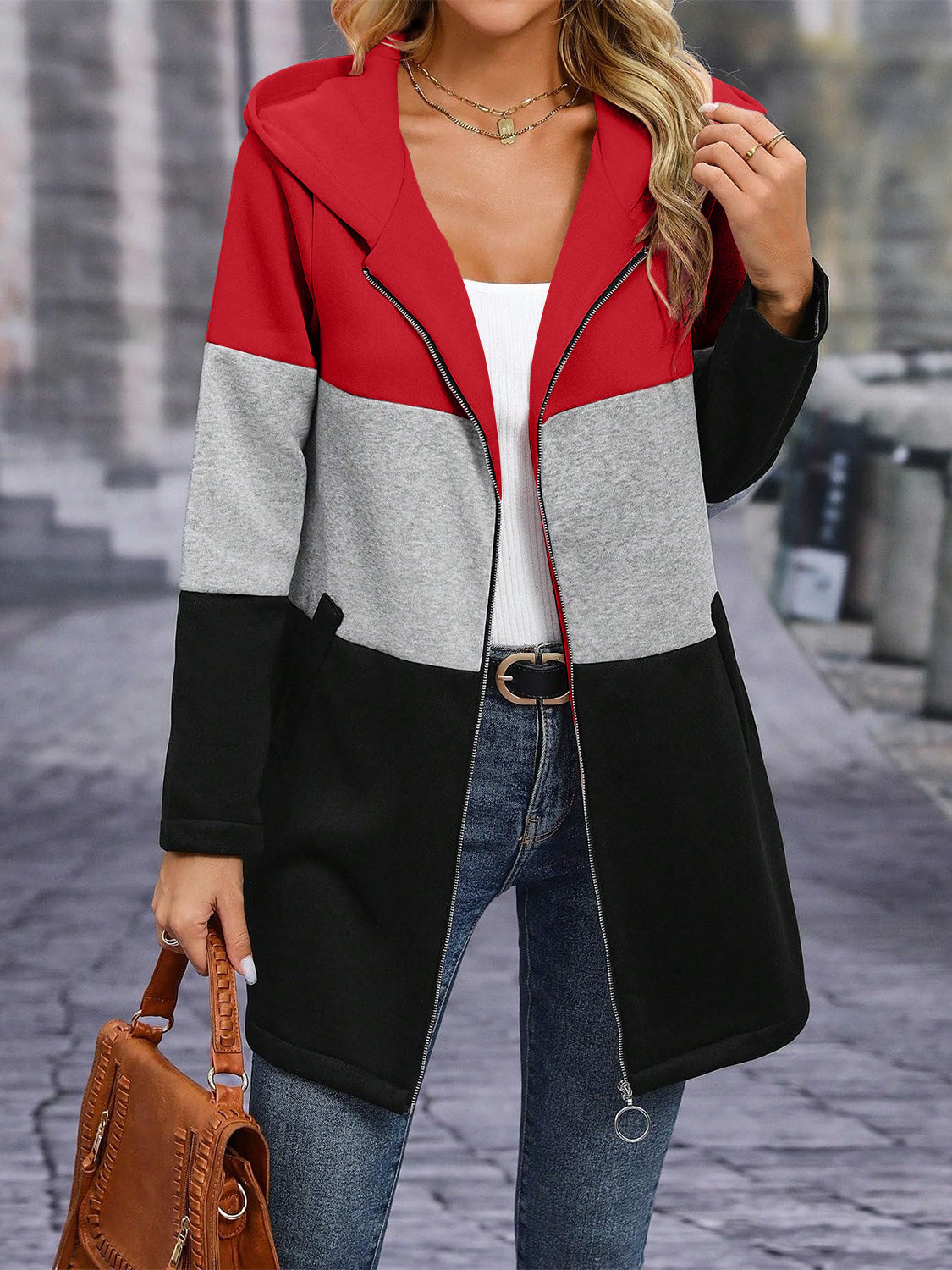 Women's Color Block Zip Up Long Sleeve Hooded Outerwear