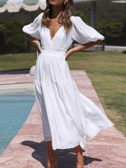 V-Neck Puff Sleeve Midi Dress