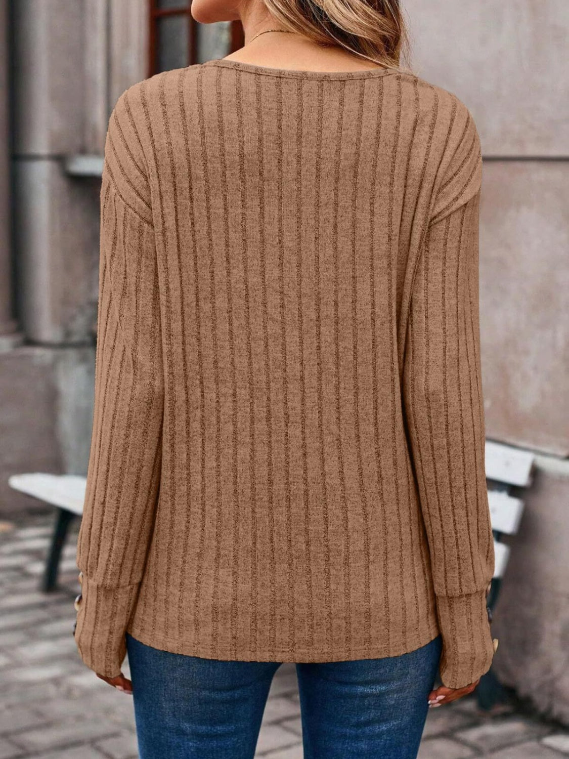 Ribbed V-Neck Long Sleeve Top