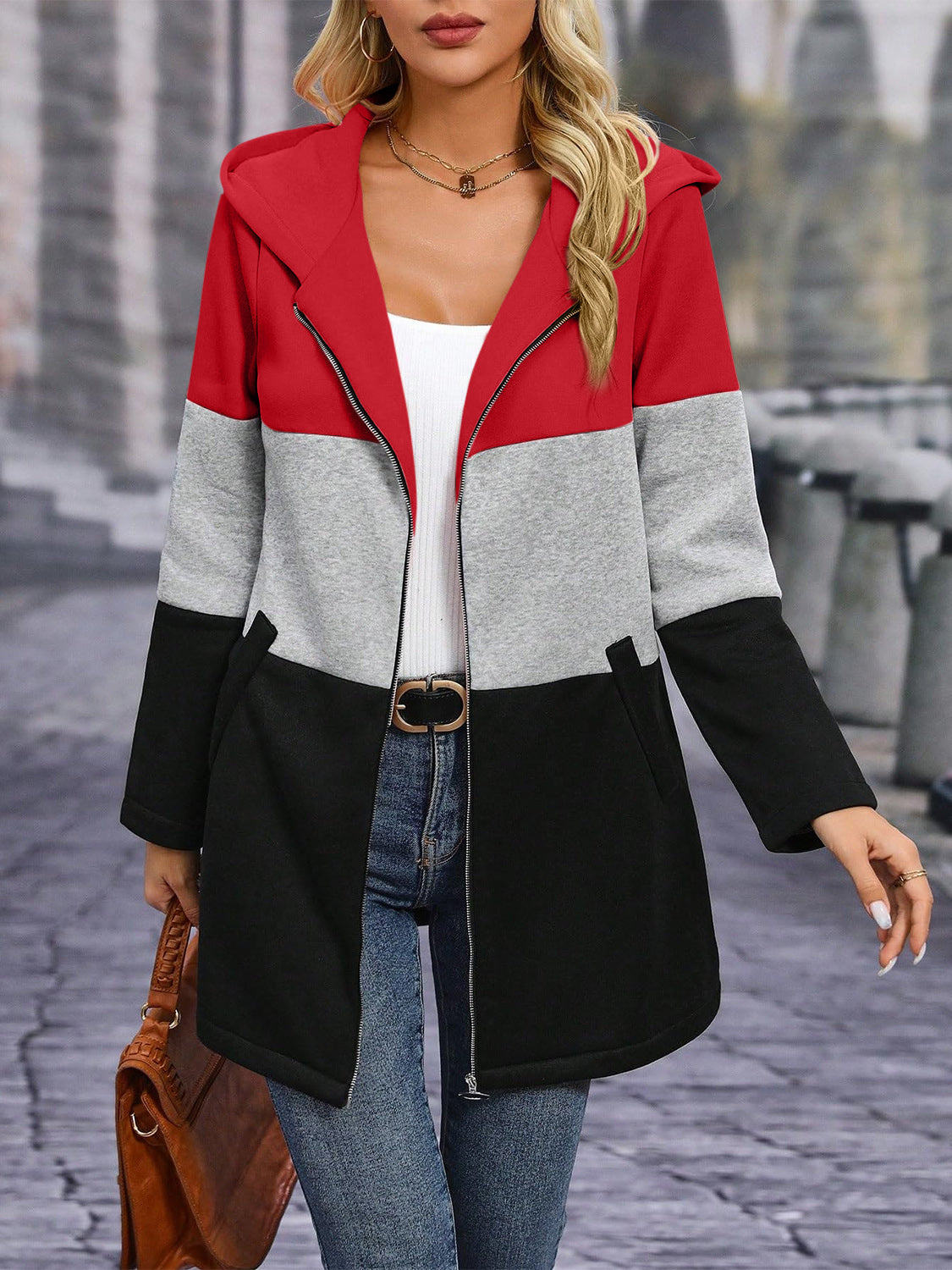 Women's Color Block Zip Up Long Sleeve Hooded Outerwear