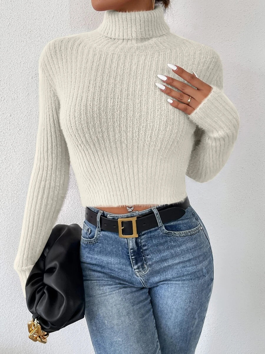 Cropped Ribbed Turtleneck Long Sleeve Sweater