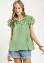 Umgee Ruffled Flutter Sleeve Textured Blouse